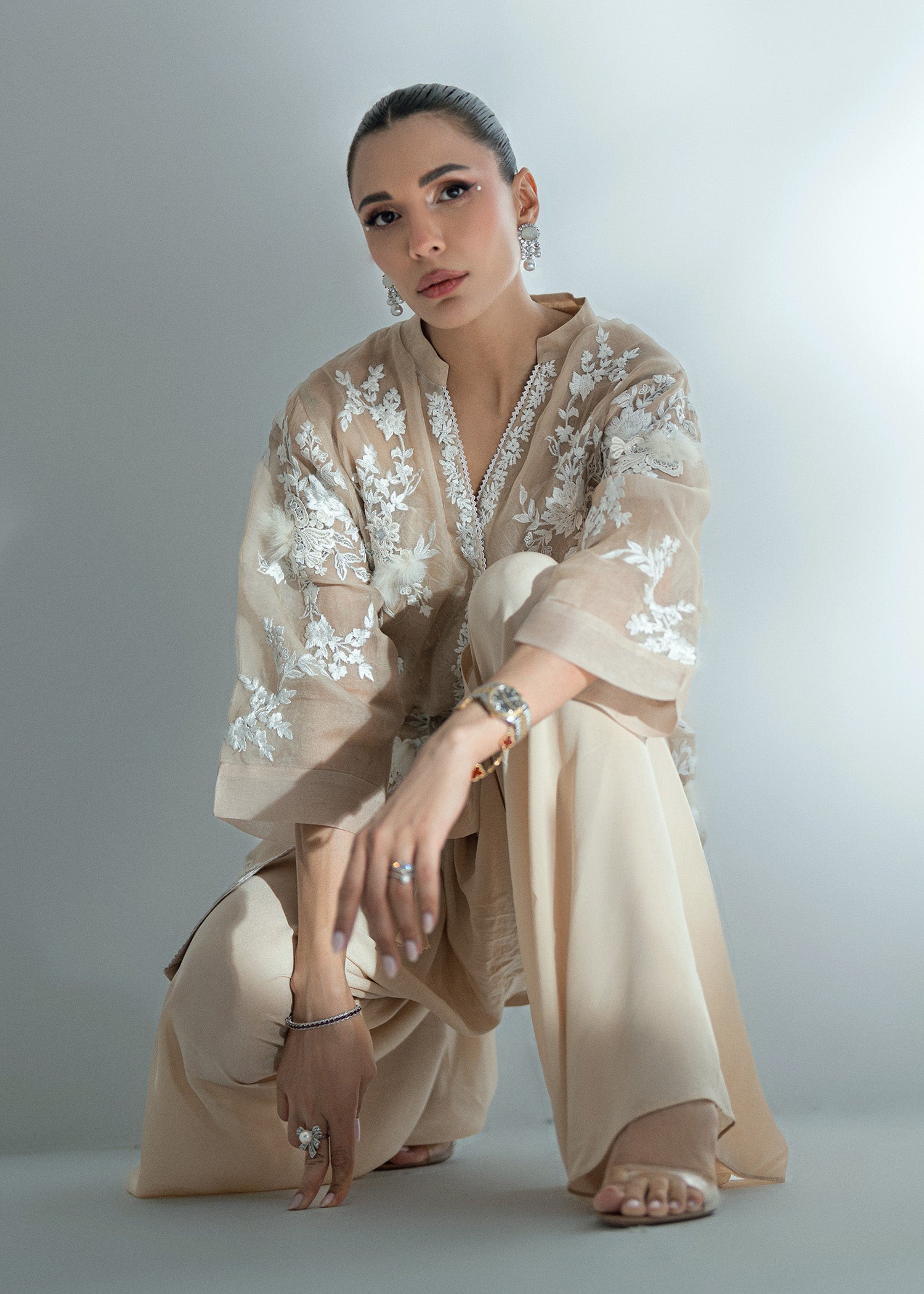 Pakistani Champagne Beige Embroidered Organza Jacket & Crepe Shalwar (2-Piece) - Image 10