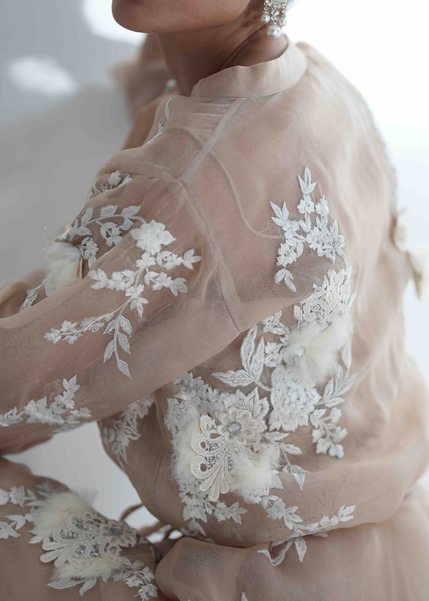 Pakistani Champagne Beige Embroidered Organza Jacket & Crepe Shalwar (2-Piece) - Image 11