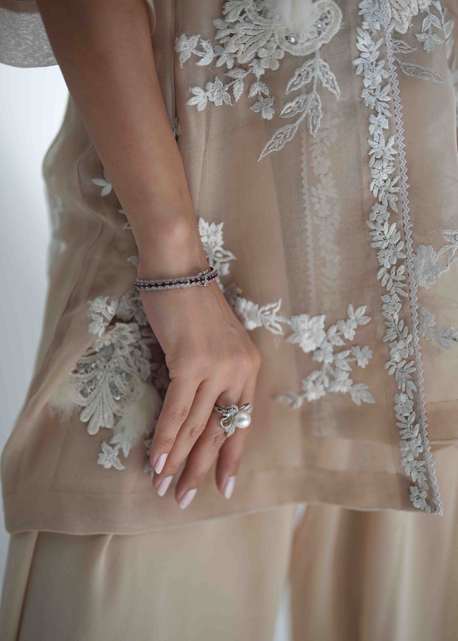 Pakistani Champagne Beige Embroidered Organza Jacket & Crepe Shalwar (2-Piece) - Image 12