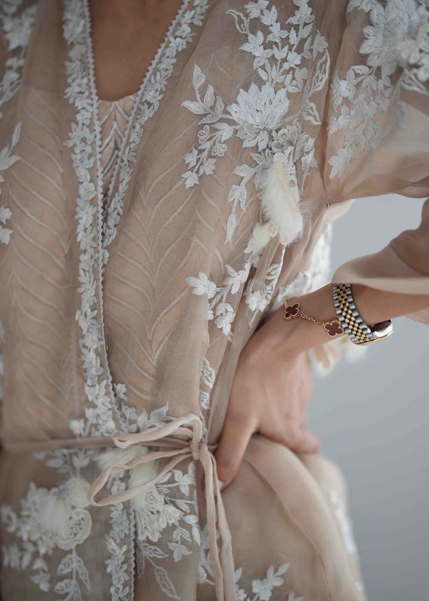 Pakistani Champagne Beige Embroidered Organza Jacket & Crepe Shalwar (2-Piece) - Image 13