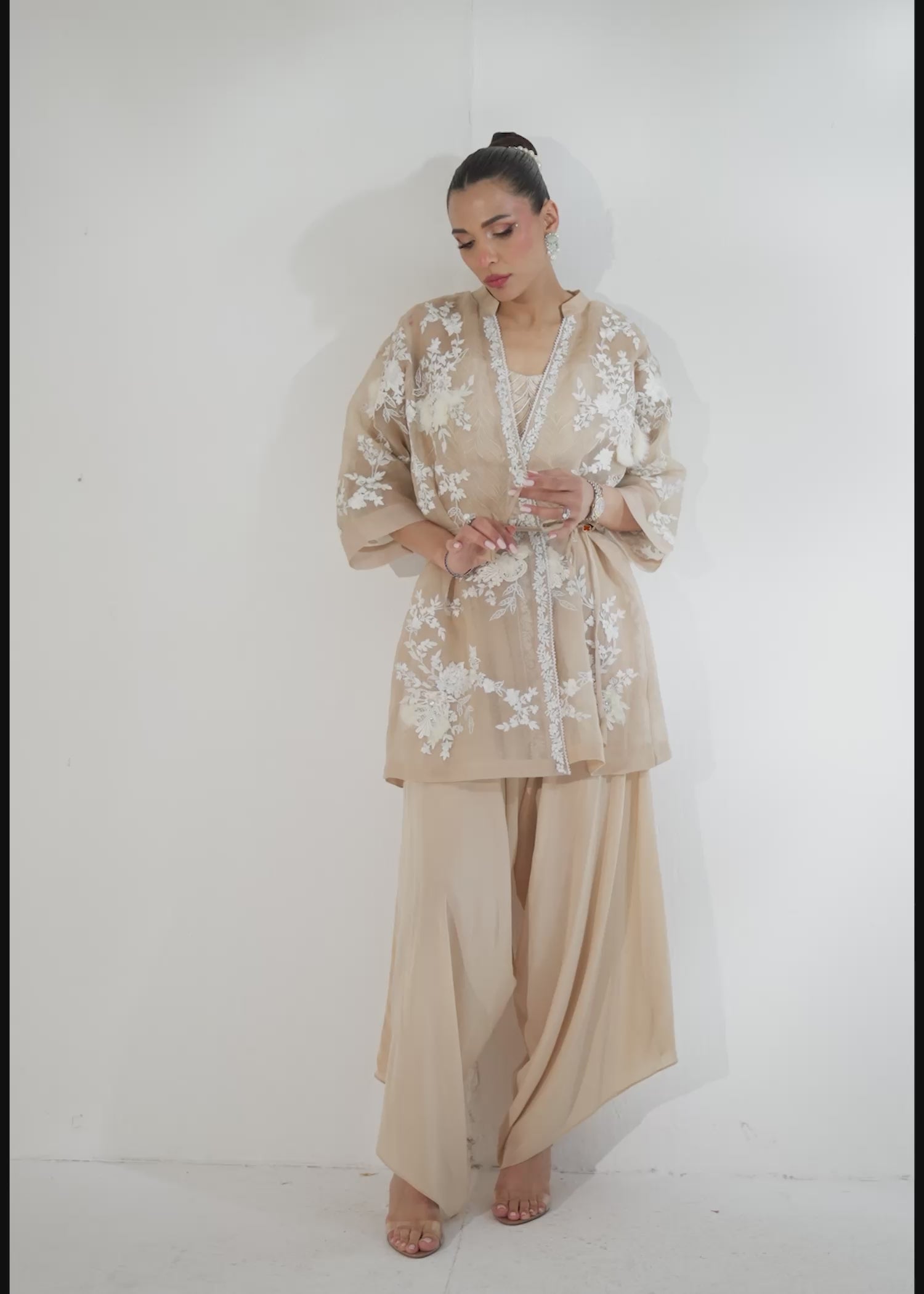 Pakistani Champagne Beige Embroidered Organza Jacket & Crepe Shalwar (2-Piece) - Image 15