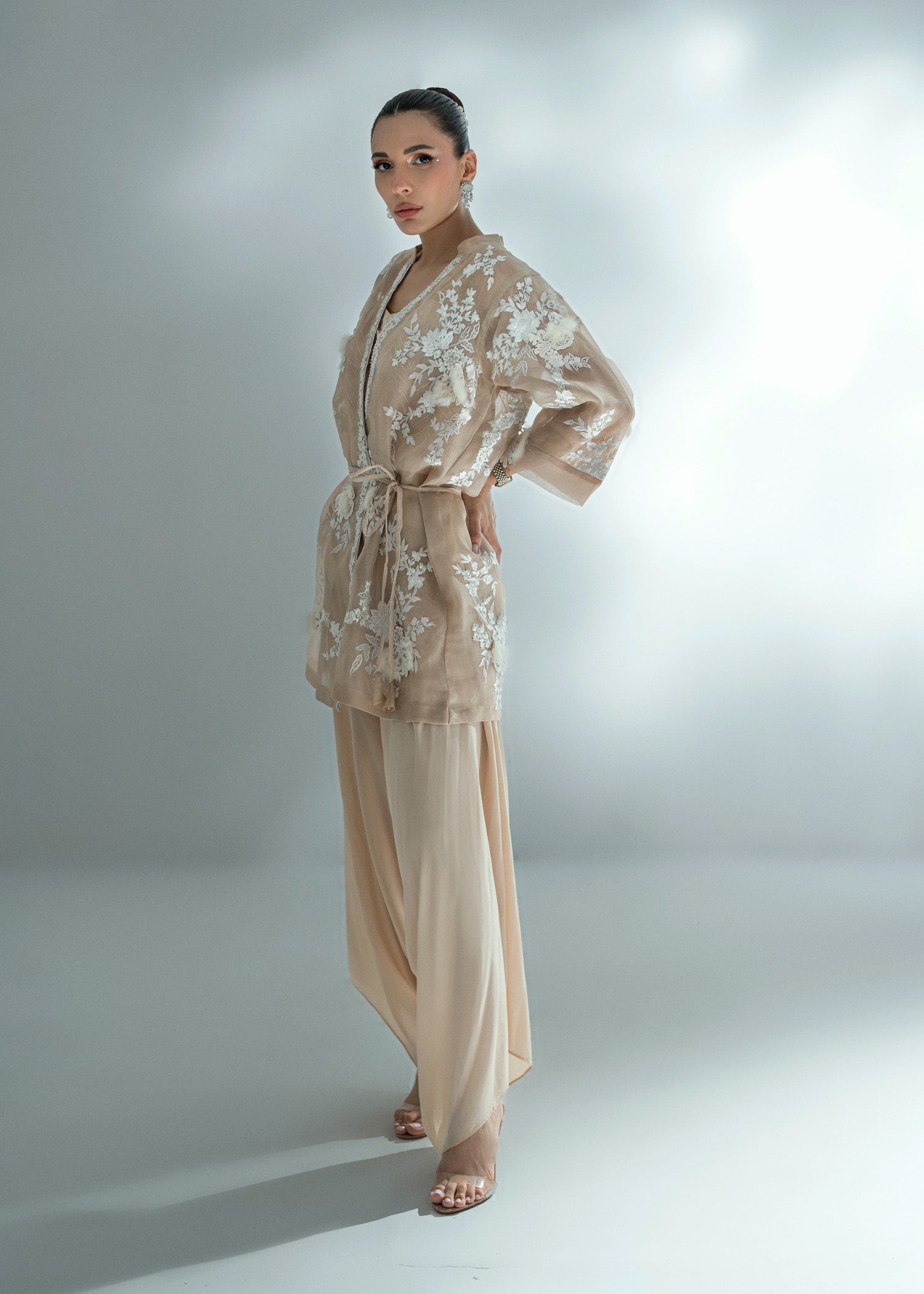 Pakistani Champagne Beige Embroidered Organza Jacket & Crepe Shalwar (2-Piece) - Image 2