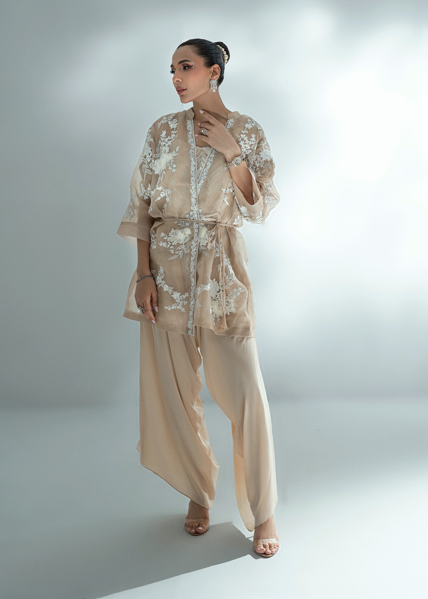 Pakistani Champagne Beige Embroidered Organza Jacket & Crepe Shalwar (2-Piece) - Image 3
