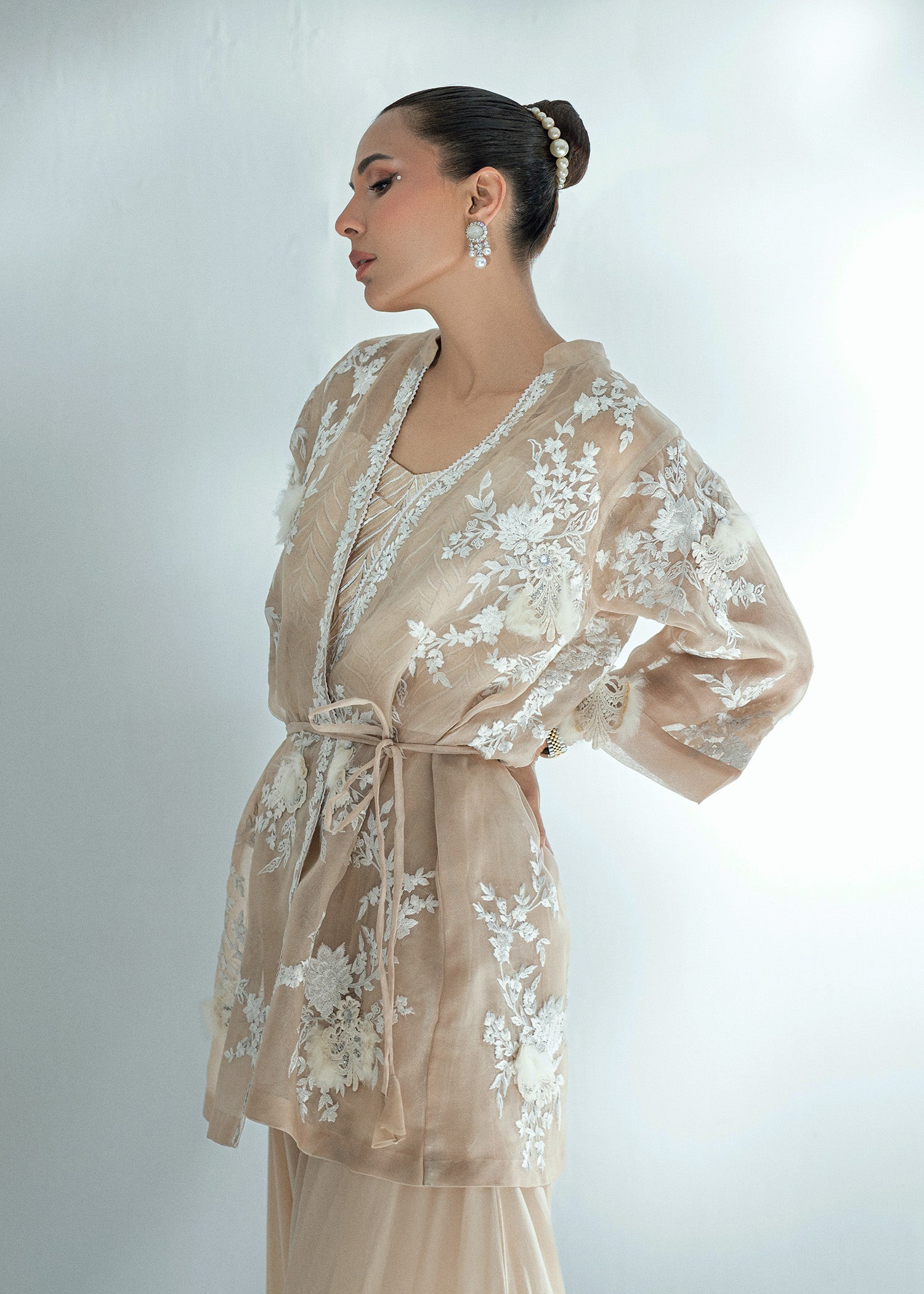 Pakistani Champagne Beige Embroidered Organza Jacket & Crepe Shalwar (2-Piece) - Image 4