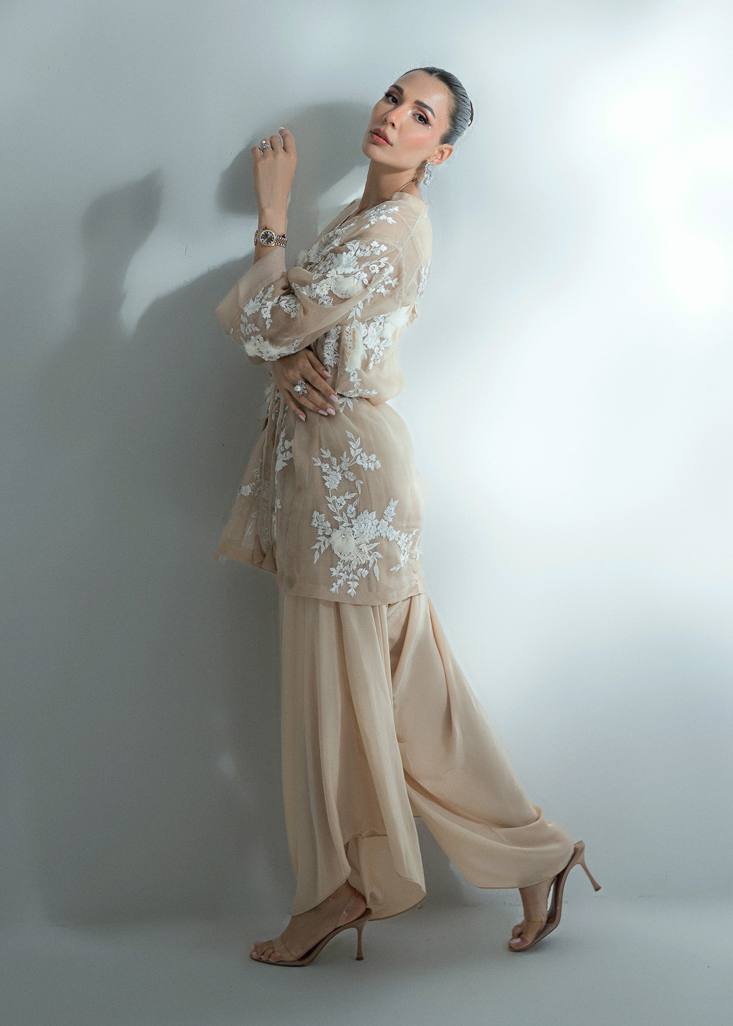 Pakistani Champagne Beige Embroidered Organza Jacket & Crepe Shalwar (2-Piece) - Image 6