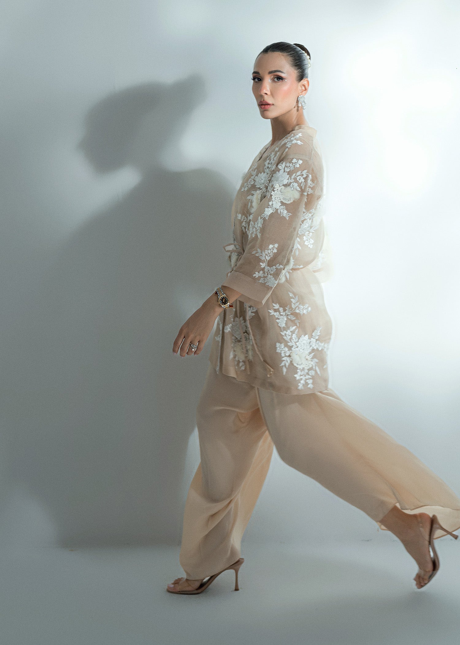 Pakistani Champagne Beige Embroidered Organza Jacket & Crepe Shalwar (2-Piece) - Image 7