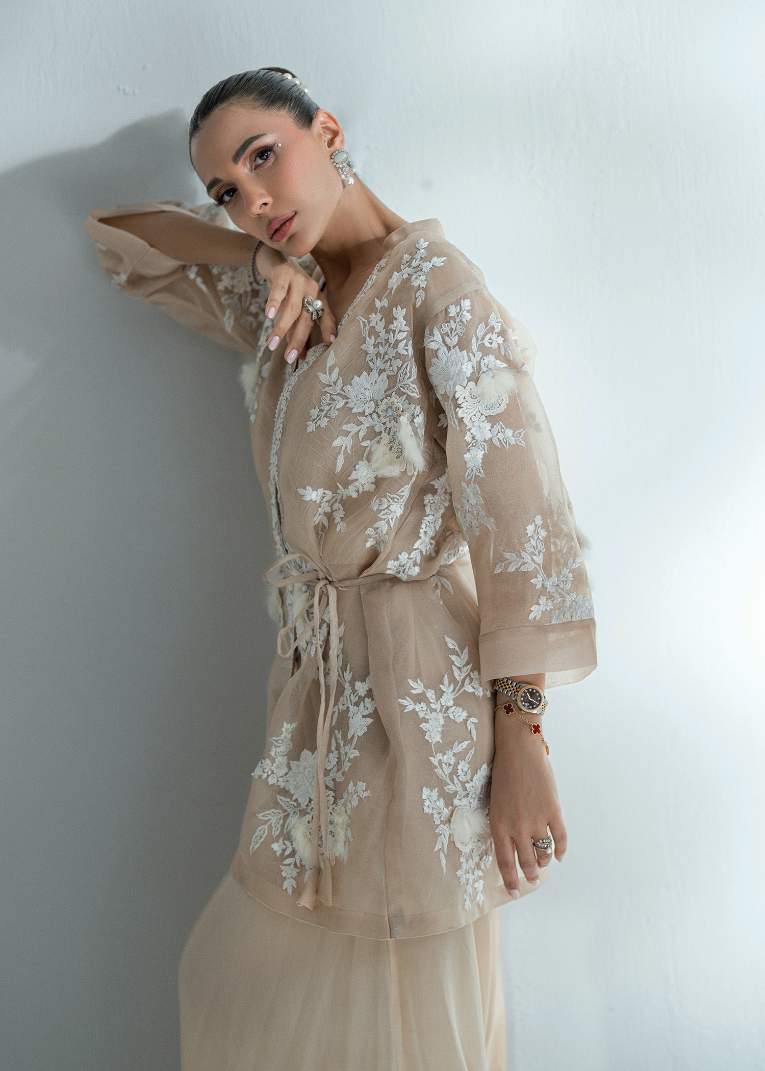 Pakistani Champagne Beige Embroidered Organza Jacket & Crepe Shalwar (2-Piece) - Image 9