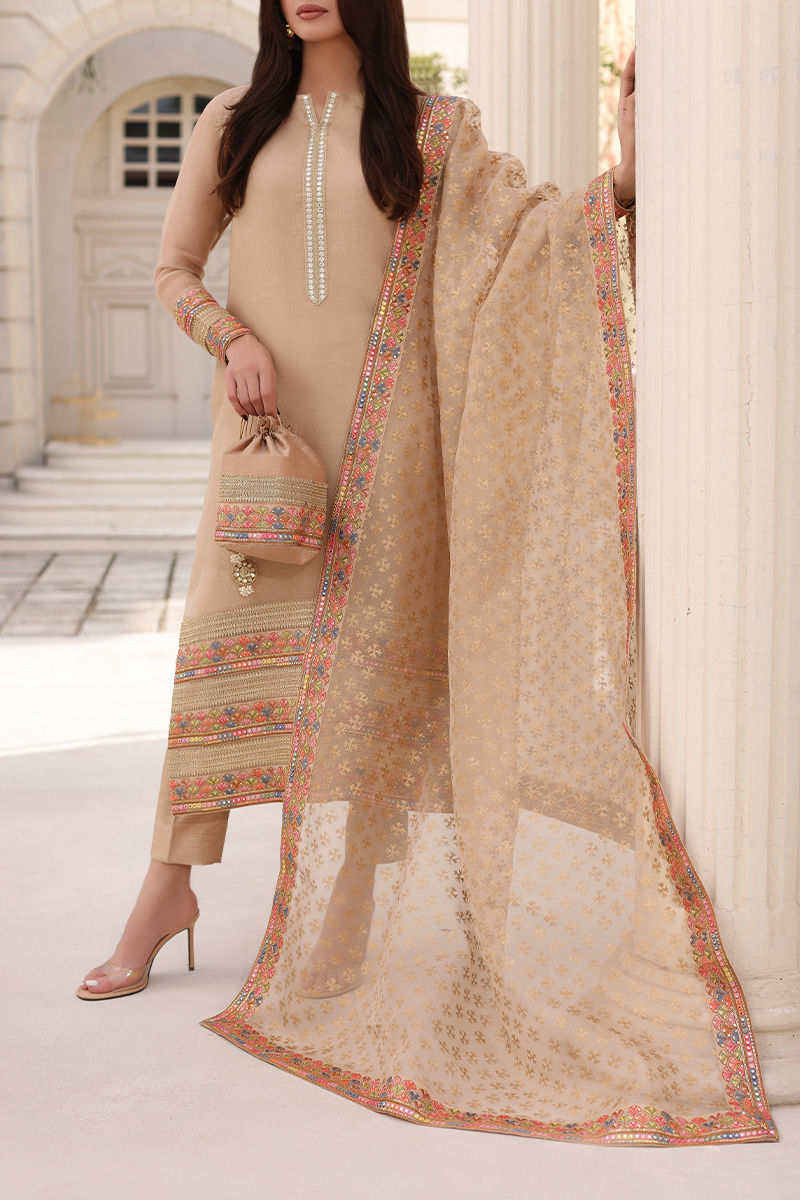 Pakistani Nude Gota & Mirror Work Organza Raw Silk Salwar Kameez (3-Piece) - Image 1