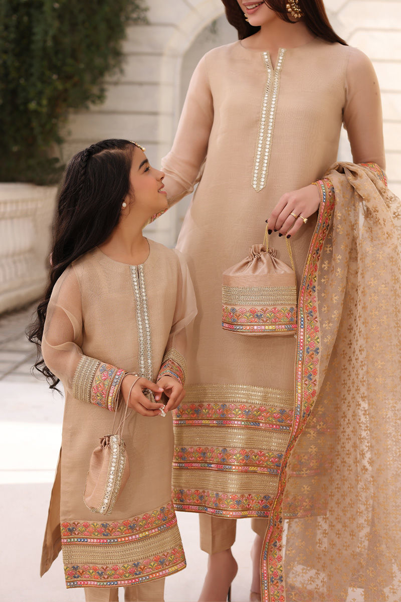 Pakistani Nude Gota & Mirror Work Organza Raw Silk Salwar Kameez (3-Piece) - Image 7