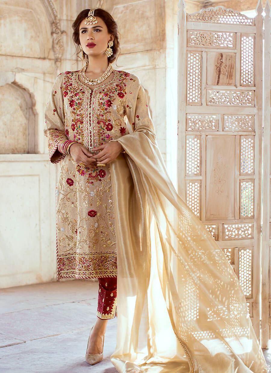 Beige Kachi Karhai Organza Salwar Kameez (3-Piece) - Image 1