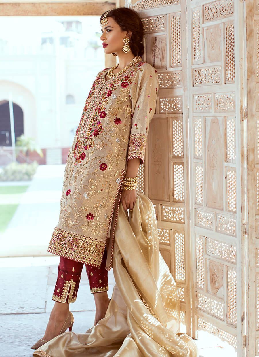 Beige Kachi Karhai Organza Salwar Kameez (3-Piece) - Image 2