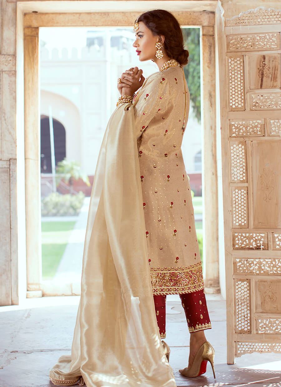 Beige Kachi Karhai Organza Salwar Kameez (3-Piece) - Image 3