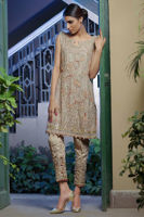 Beige Kora Dabka Resham Organza Salwar Kameez (2-Piece) - Image 2