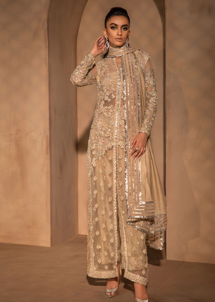 Pakistani Beige Embroidered Organza & Raw Silk Long Shirt (3-Piece) - Image 2