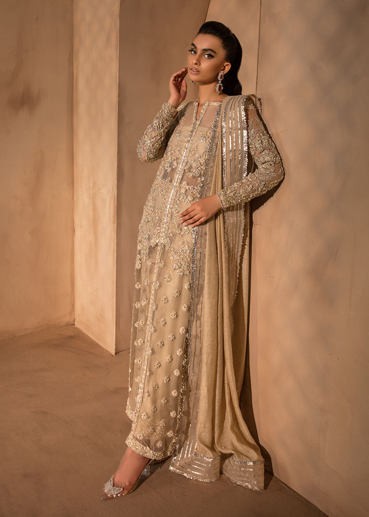 Pakistani Beige Embroidered Organza & Raw Silk Long Shirt (3-Piece) - Image 3