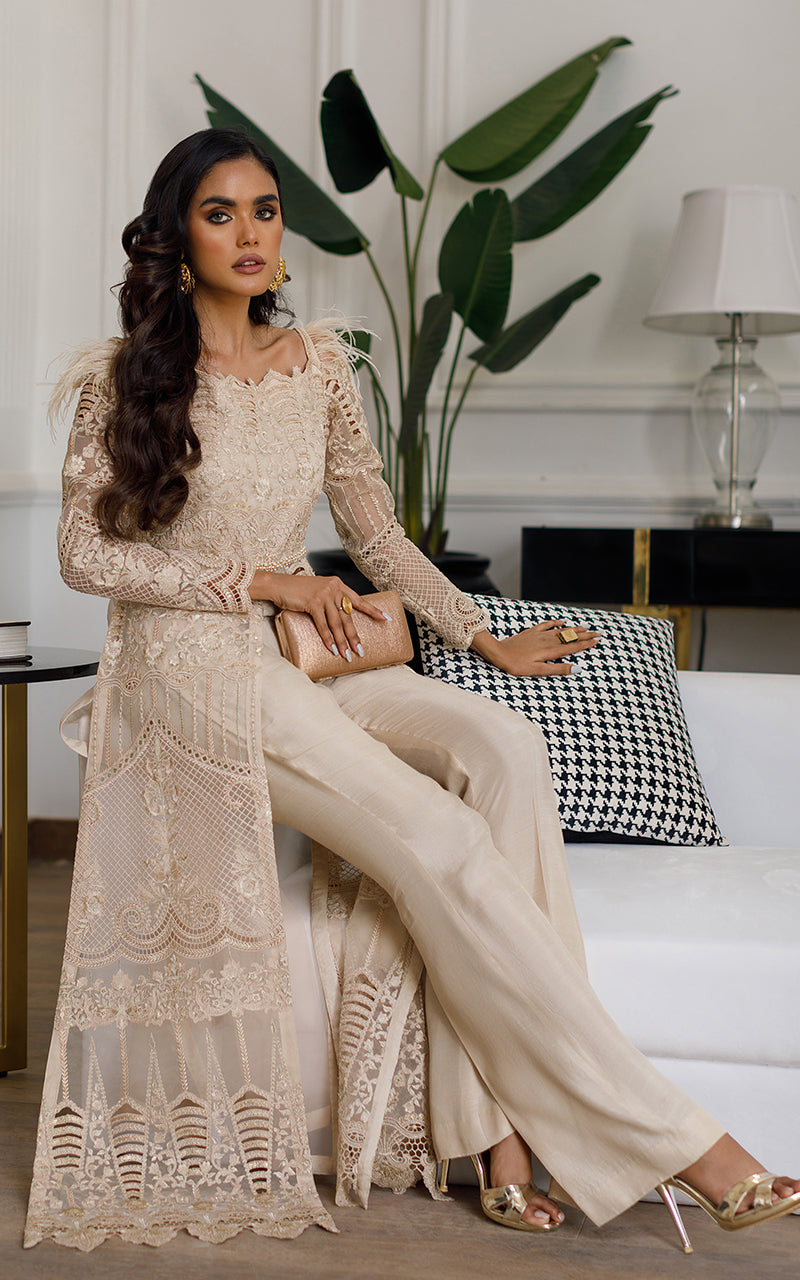 Beige Embroidered Organza Front-Open Dress (2-Piece) - Image 2