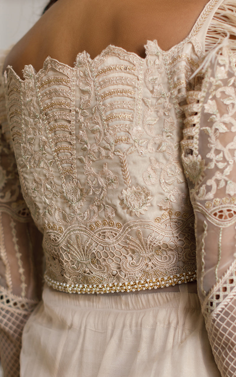 Beige Embroidered Organza Front-Open Dress (2-Piece) - Image 3