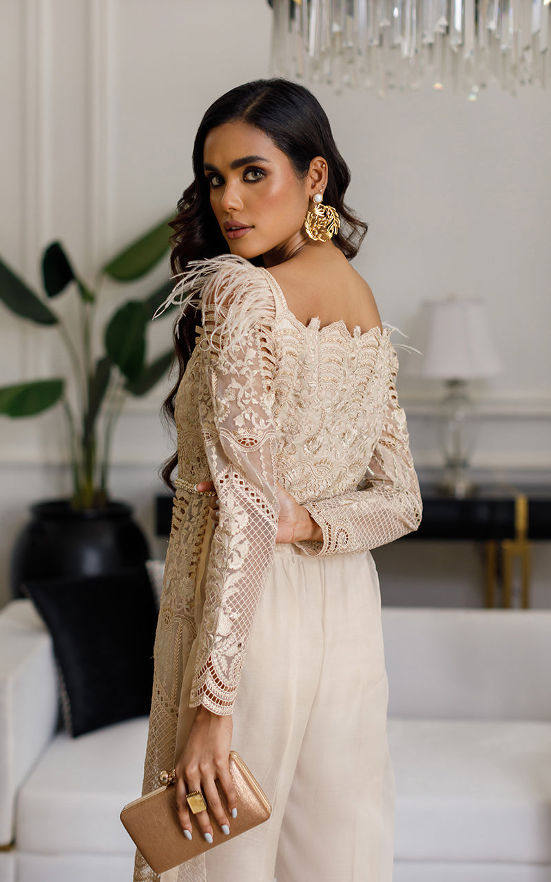 Beige Embroidered Organza Front-Open Dress (2-Piece) - Image 4