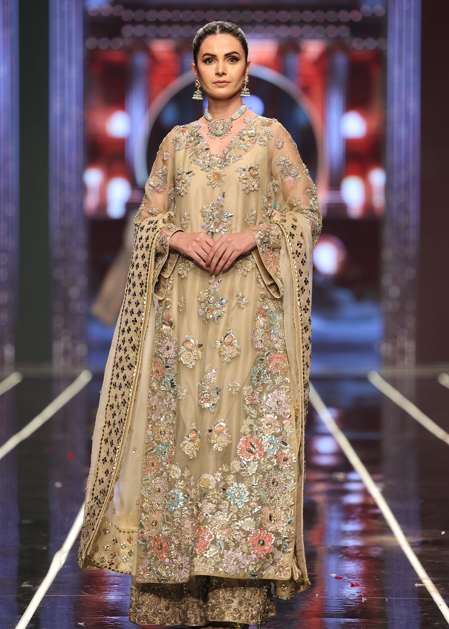Pakistani Beige Pastel Floral Embroidered Organza & Raw Silk Salwar Kameez (3-Piece) - Image 2
