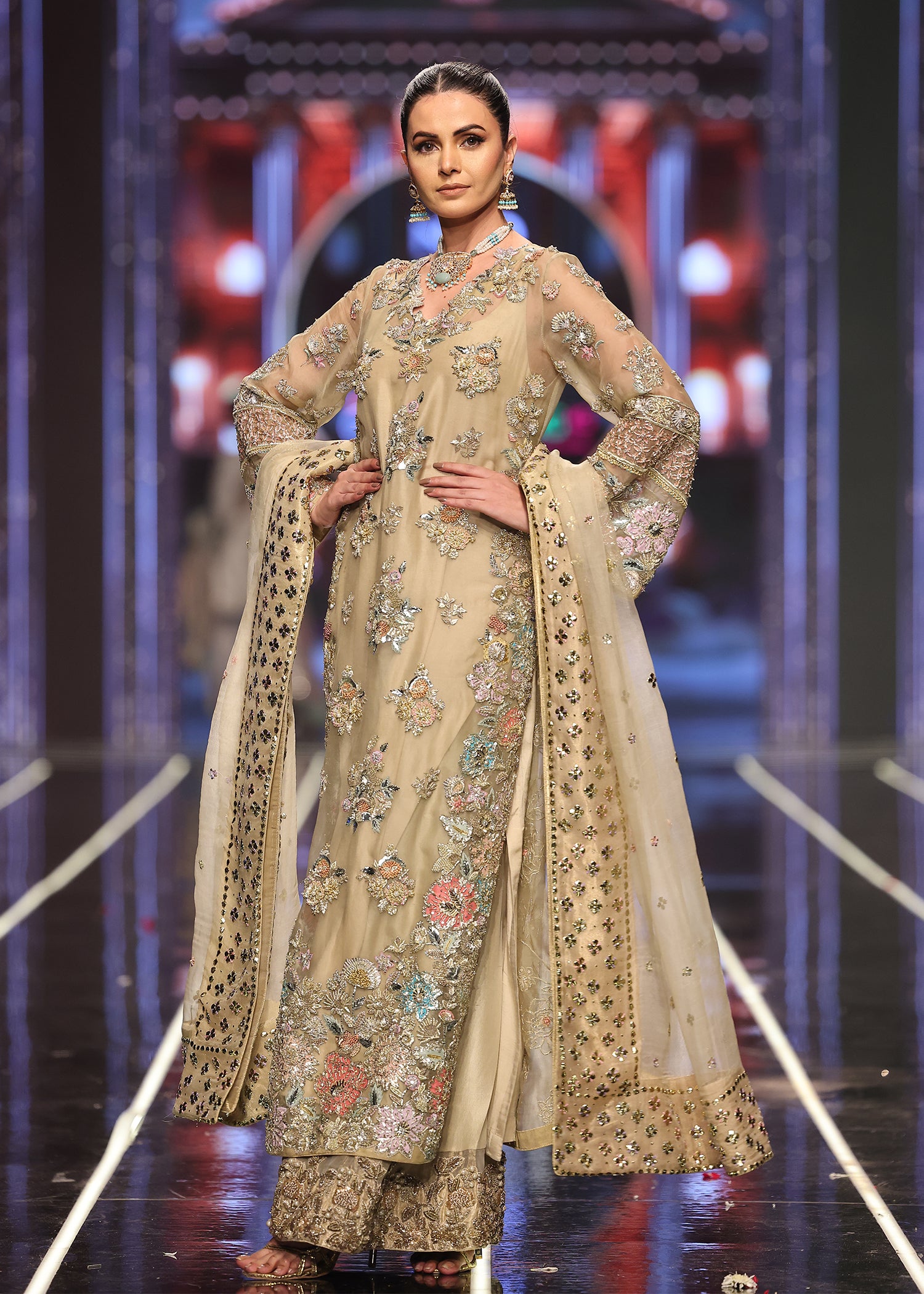 Pakistani Beige Pastel Floral Embroidered Organza & Raw Silk Salwar Kameez (3-Piece) - Image 3