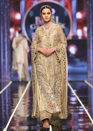 Pakistani Beige Pastel Floral Embroidered Organza & Raw Silk Salwar Kameez (3-Piece) - Image 5