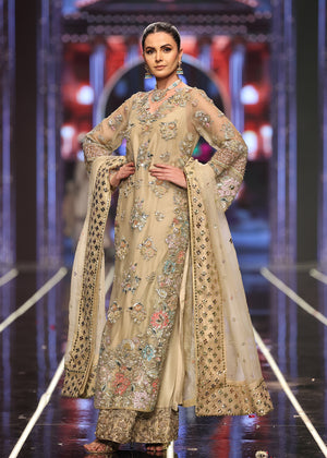Pakistani Beige Pastel Floral Embroidered Organza & Raw Silk Salwar Kameez (3-Piece) - Image 7