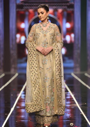 Pakistani Beige Pastel Floral Embroidered Organza & Raw Silk Salwar Kameez (3-Piece) - Image 8