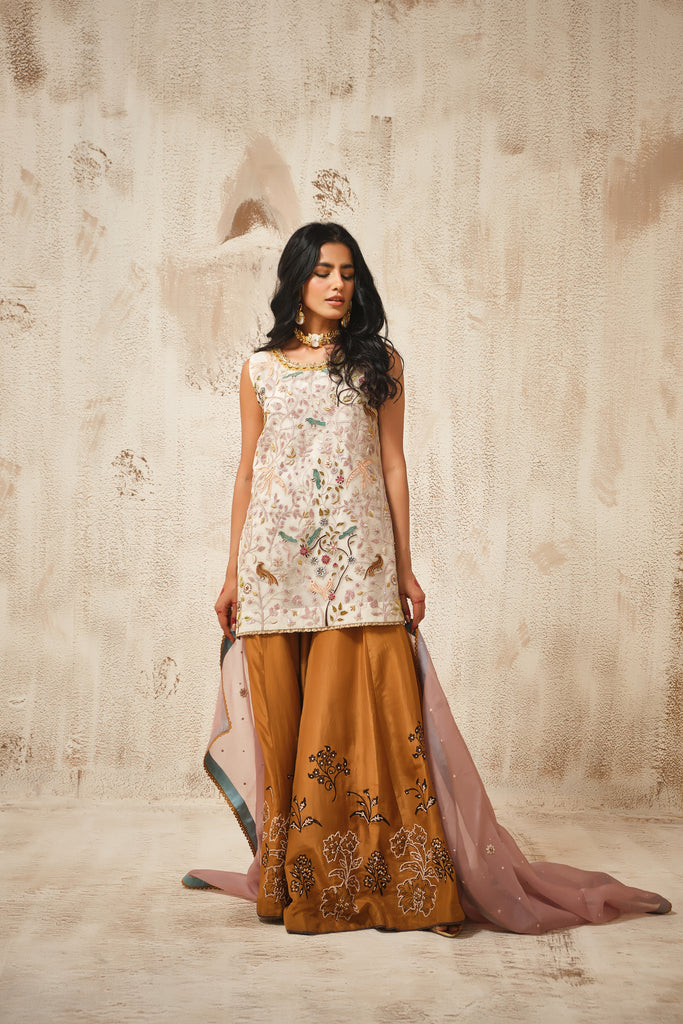Pakistani Beige Embroidered Organza Kameez with Korean Silk Palazzo (3-Piece) - Image 1