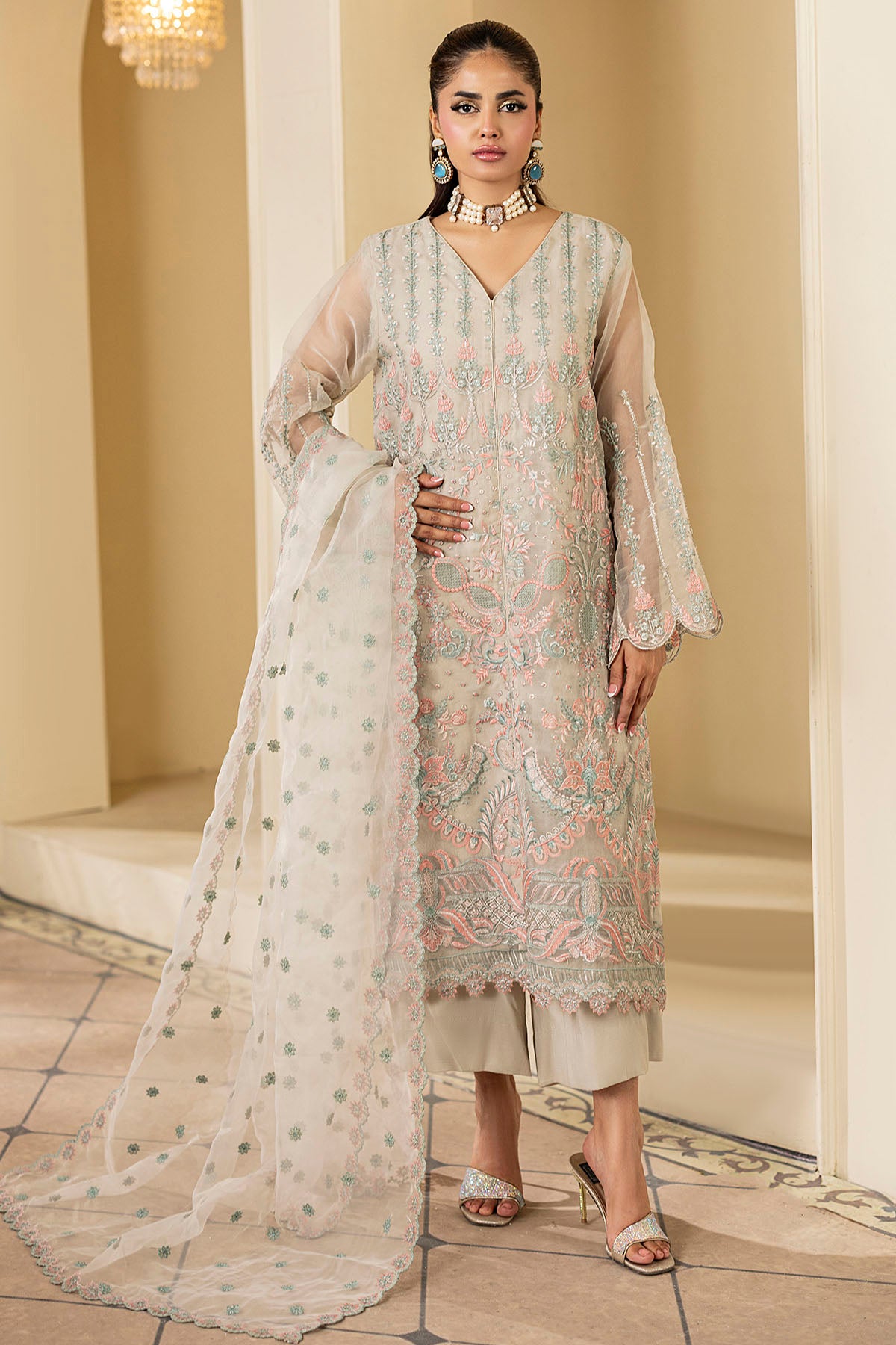 Soft Beige Pastel Embroidered Organza 3-Piece Suit - Image 1