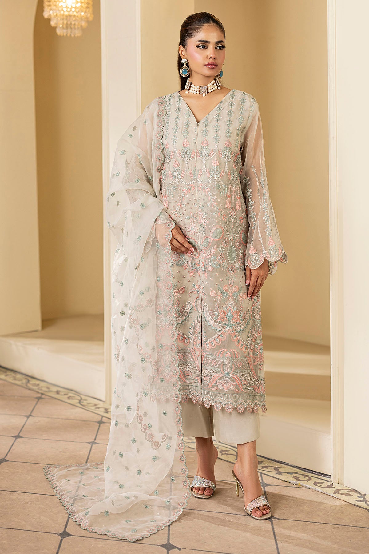 Soft Beige Pastel Embroidered Organza 3-Piece Suit - Image 2