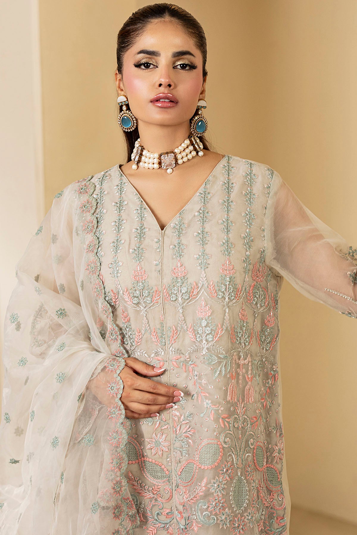 Soft Beige Pastel Embroidered Organza 3-Piece Suit - Image 3