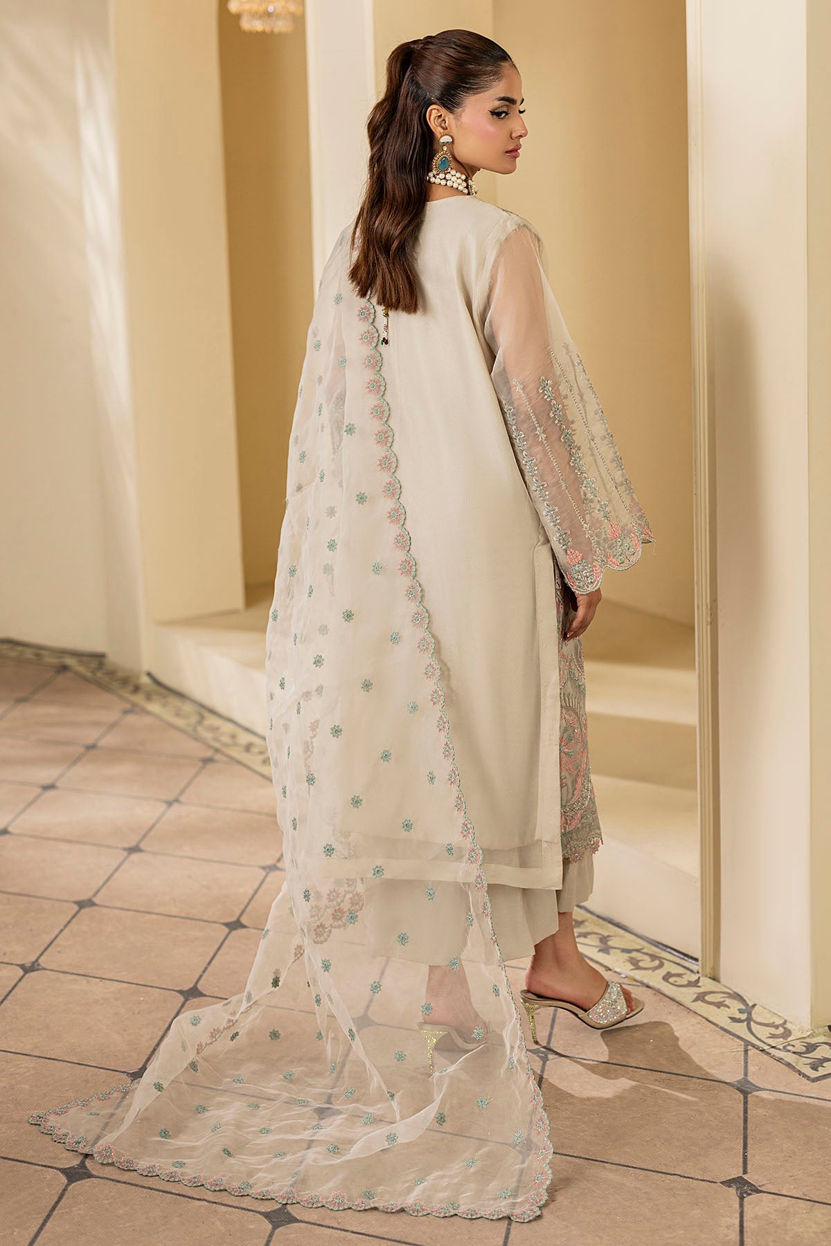 Soft Beige Pastel Embroidered Organza 3-Piece Suit - Image 5