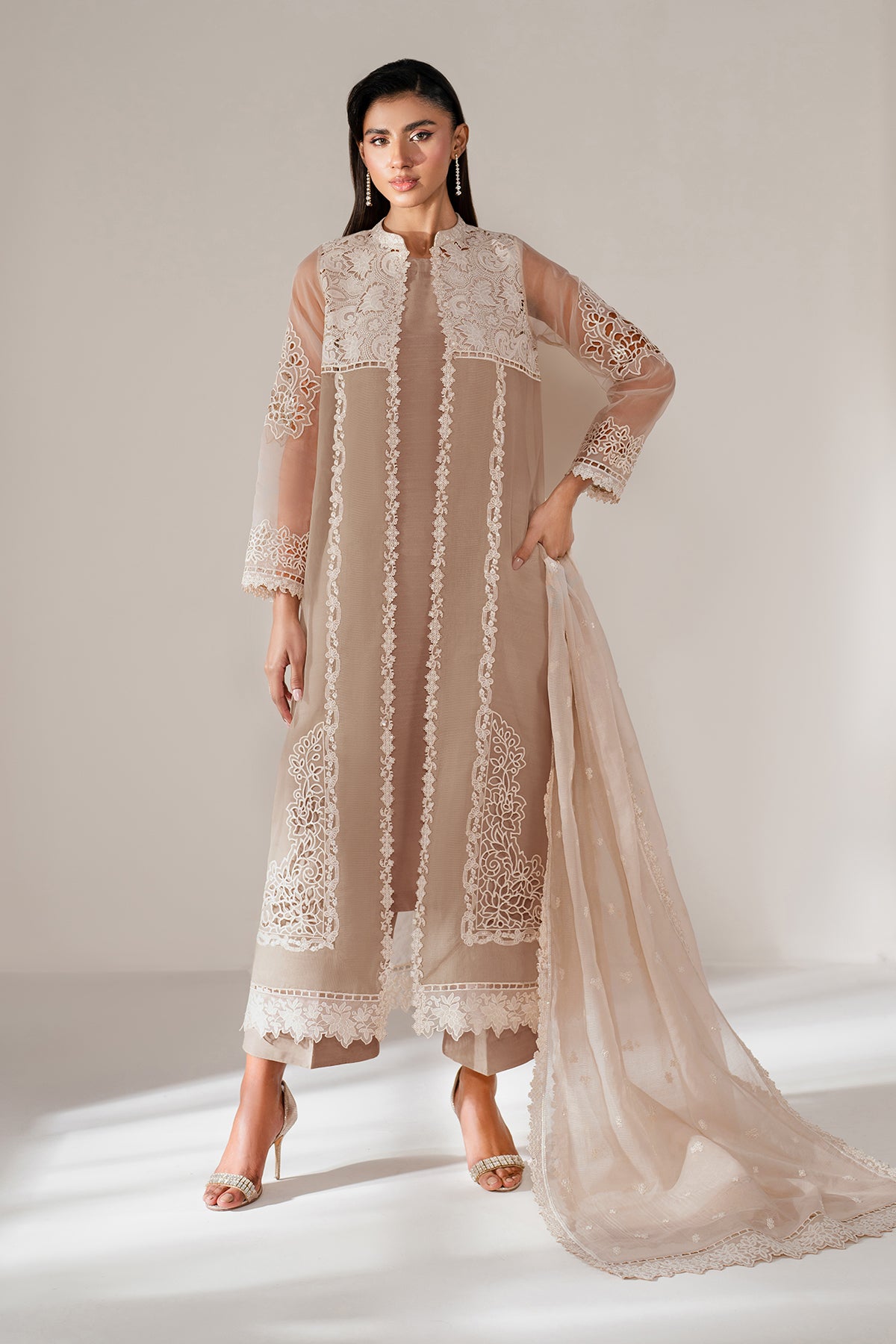 Soft Beige Embroidered Organza Salwar Kameez (3-Piece) - Image 1
