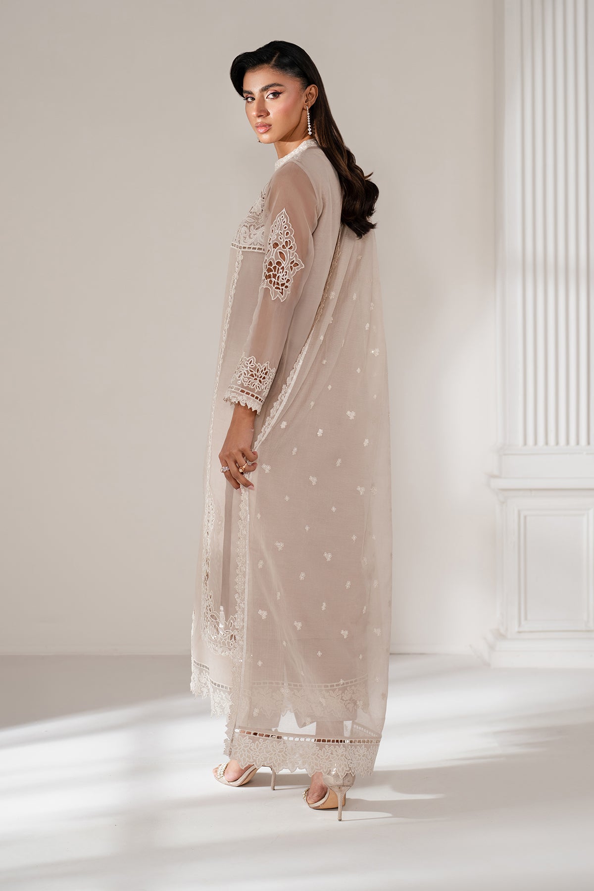 Soft Beige Embroidered Organza Salwar Kameez (3-Piece) - Image 2