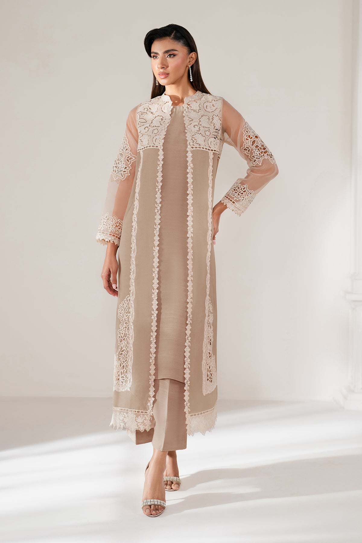 Soft Beige Embroidered Organza Salwar Kameez (3-Piece) - Image 3
