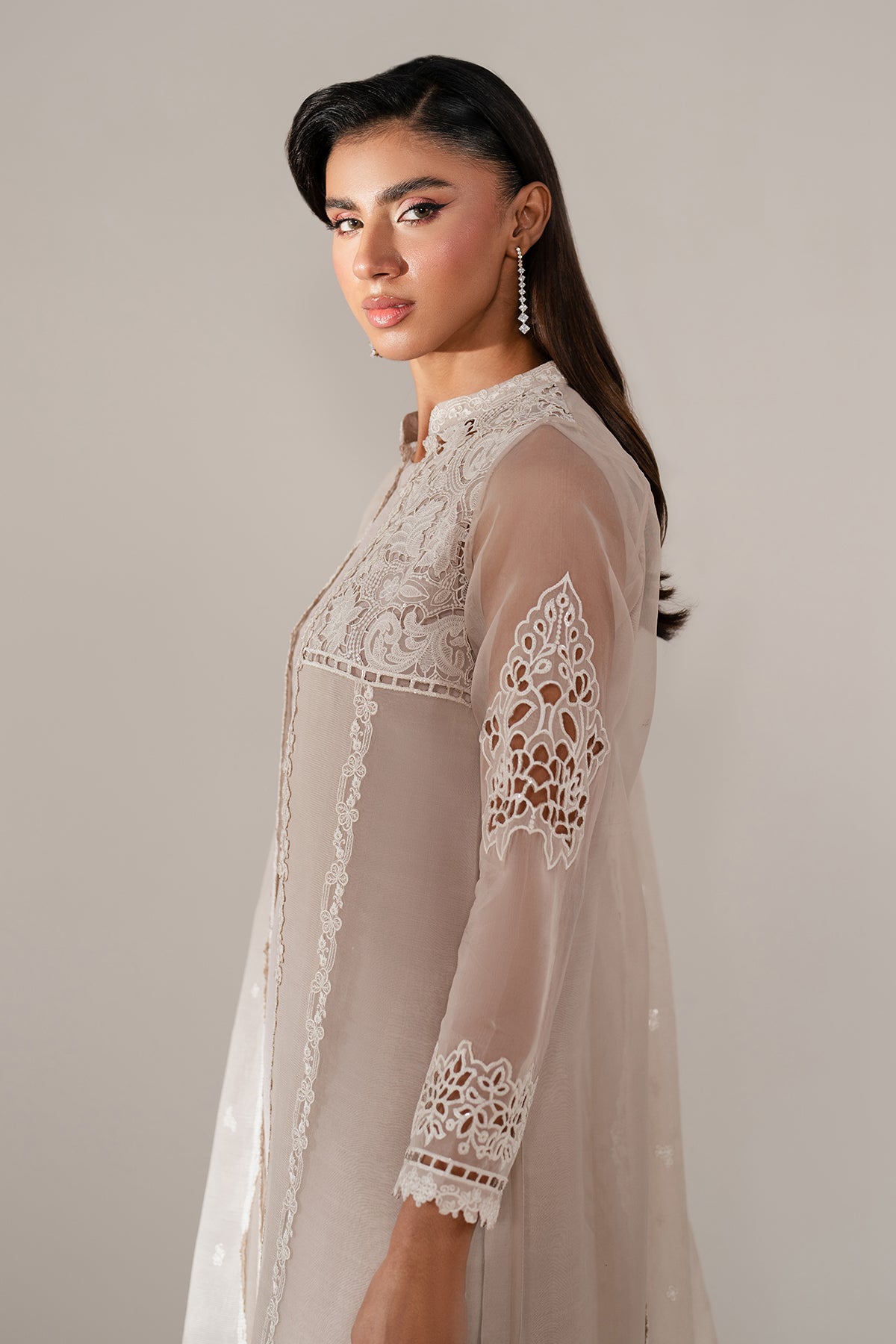 Soft Beige Embroidered Organza Salwar Kameez (3-Piece) - Image 5