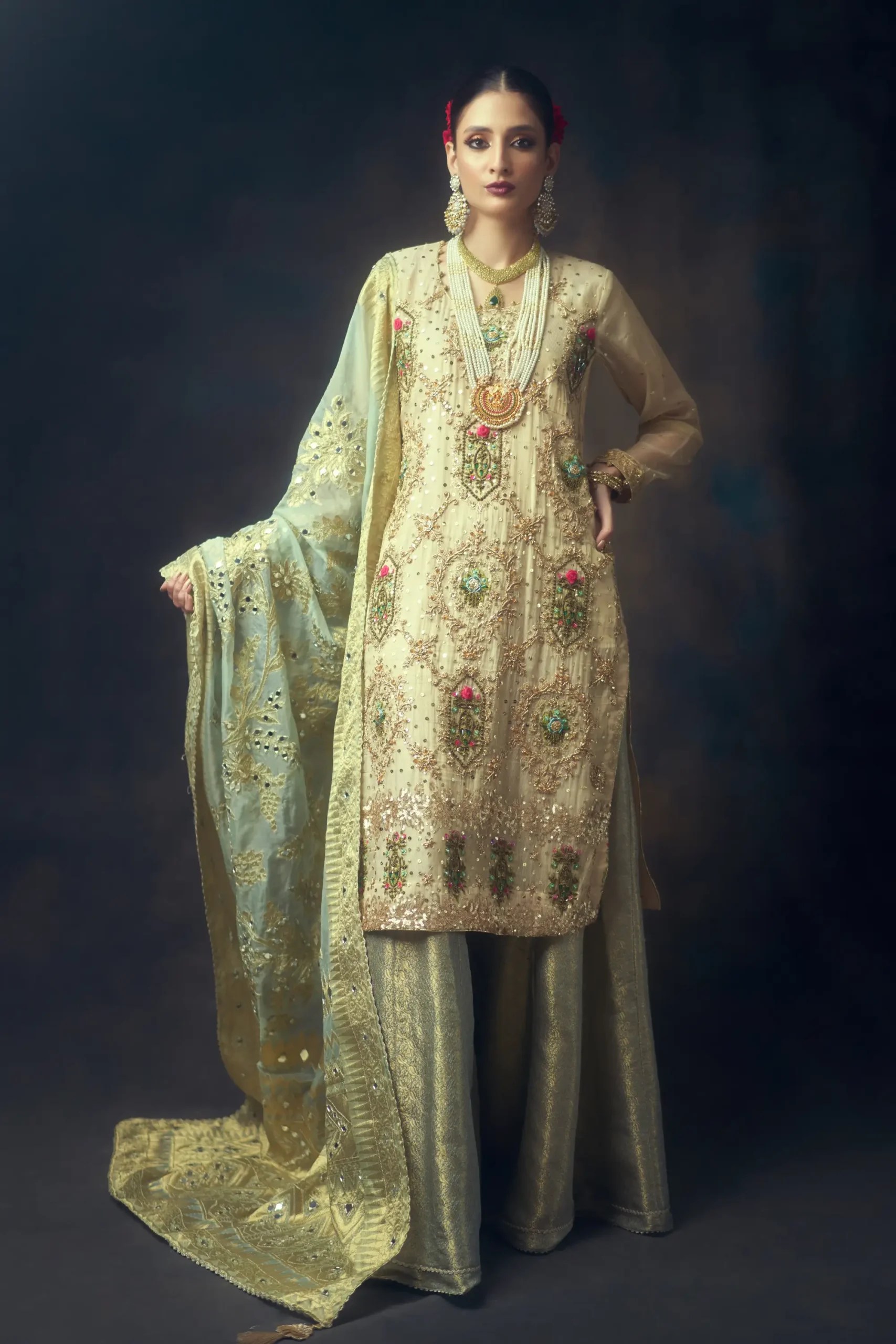 Pakistani Beige Mint Embroidered Organza Salwar Kameez (3-Piece) - Image 1