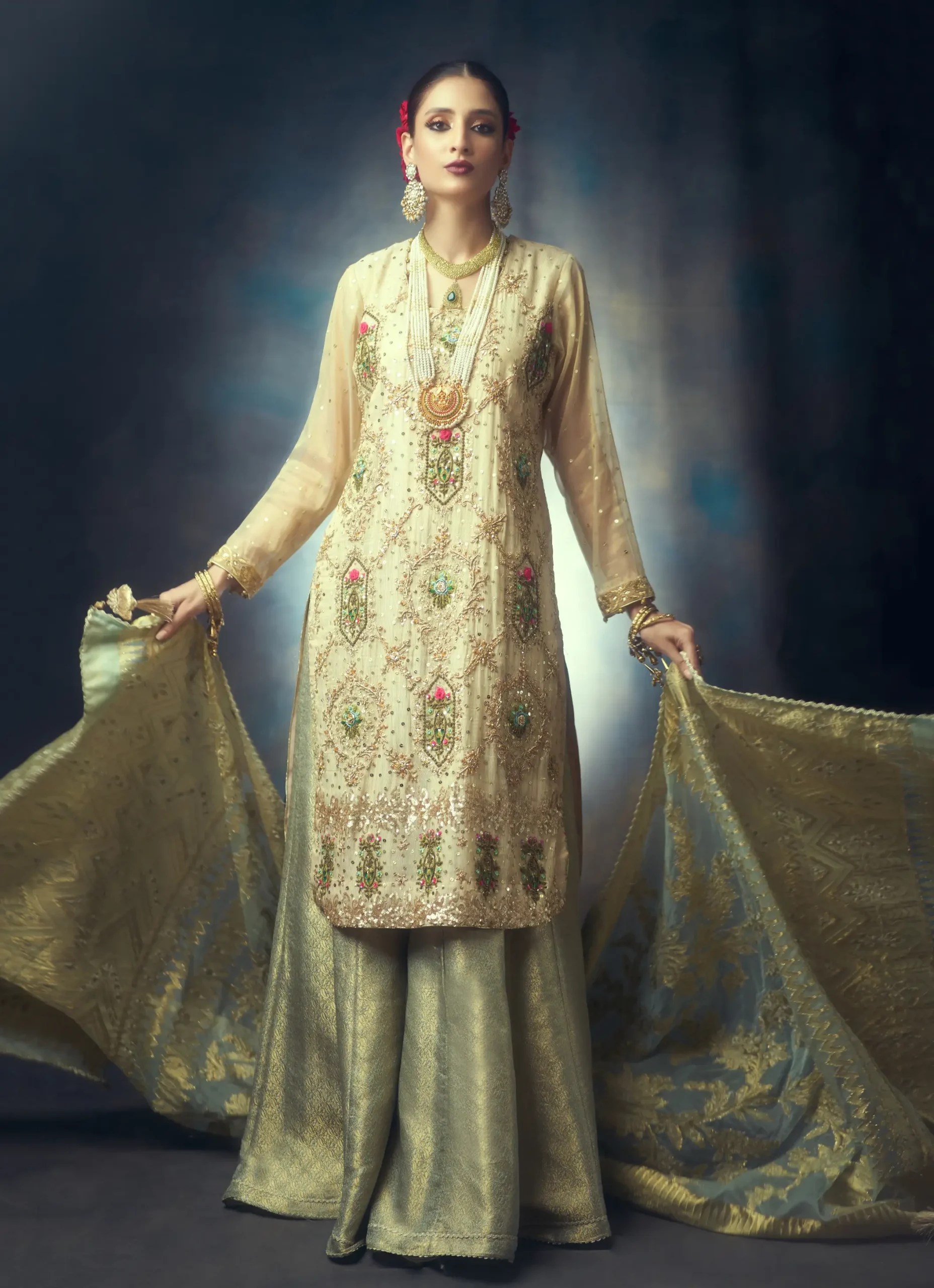 Pakistani Beige Mint Embroidered Organza Salwar Kameez (3-Piece) - Image 2