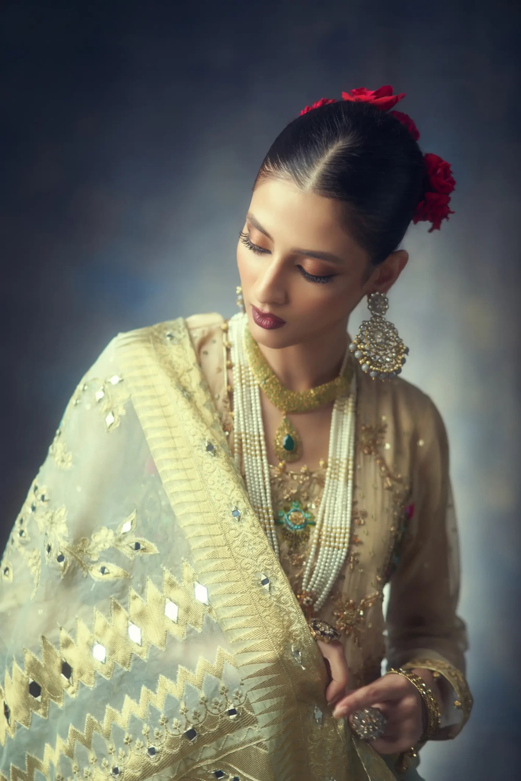 Pakistani Beige Mint Embroidered Organza Salwar Kameez (3-Piece) - Image 3