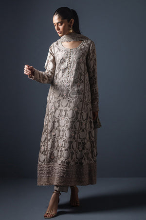 French Beige Embroidered Organza Salwar Kameez (3-Piece) - Image 1