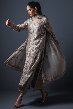 French Beige Embroidered Organza Salwar Kameez (3-Piece) - Image 4