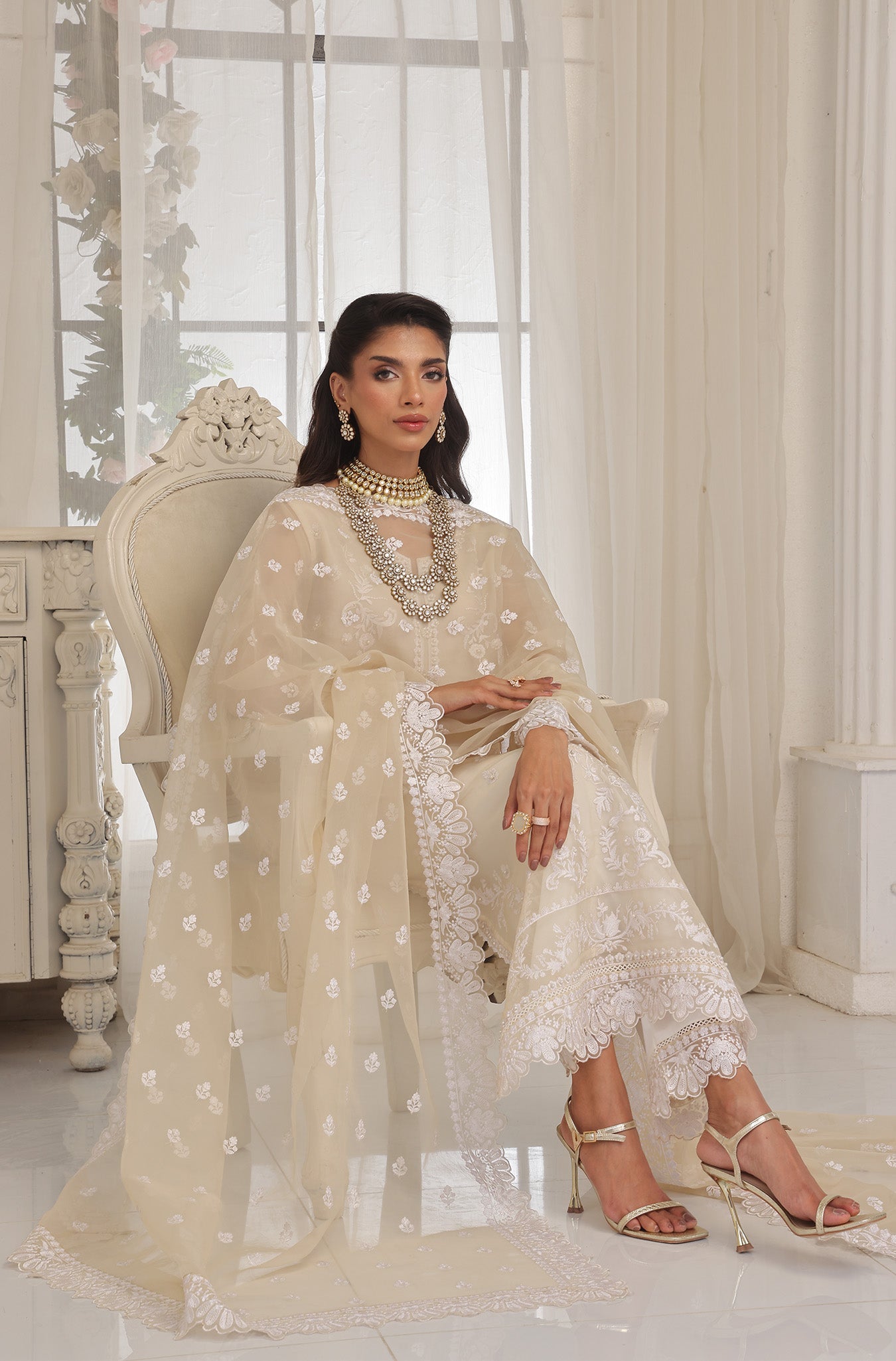 Pastel Beige Embroidered Pure Organza Salwar Kameez (3-Piece) - Image 1