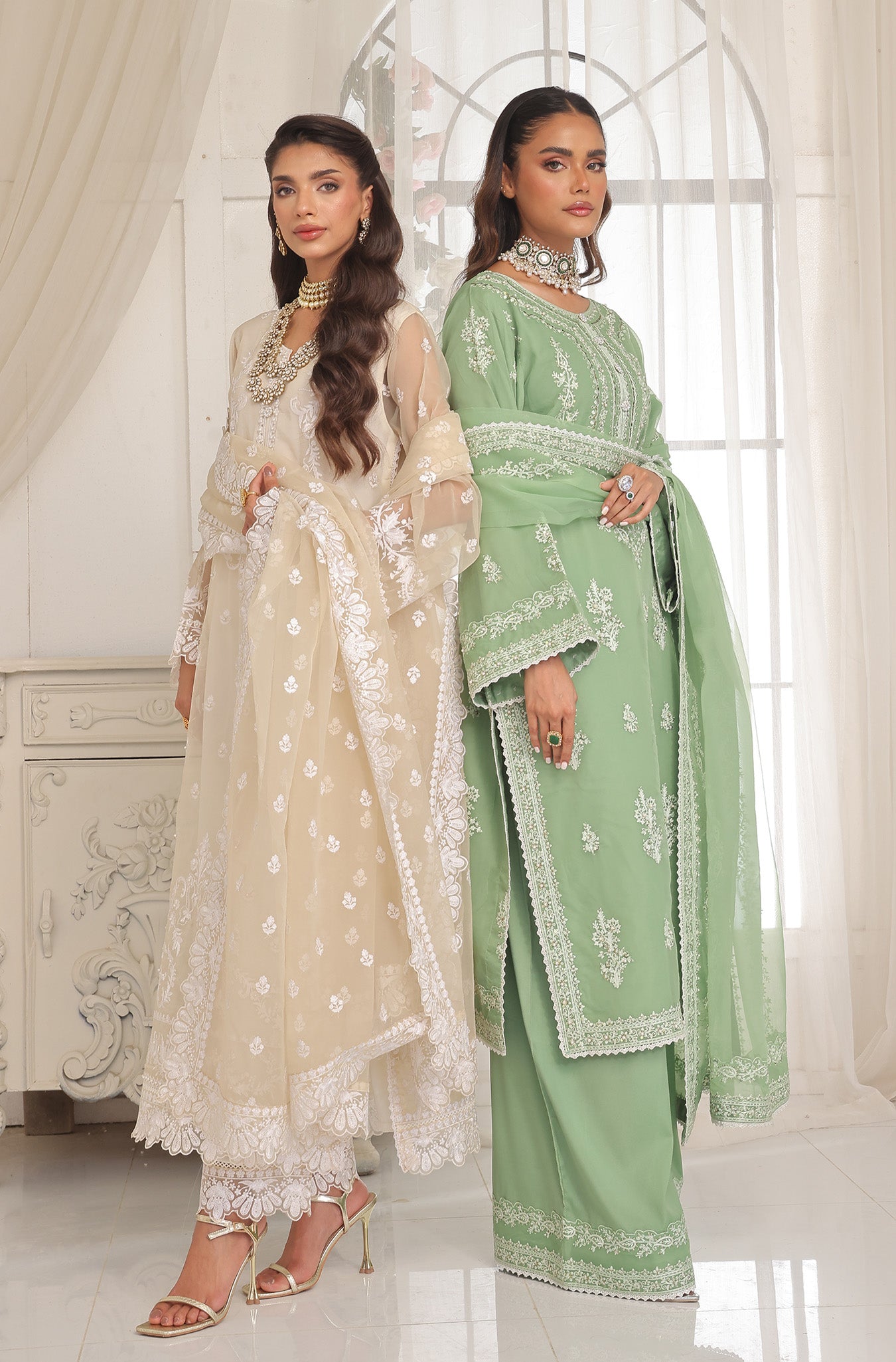 Pastel Beige Embroidered Pure Organza Salwar Kameez (3-Piece) - Image 11