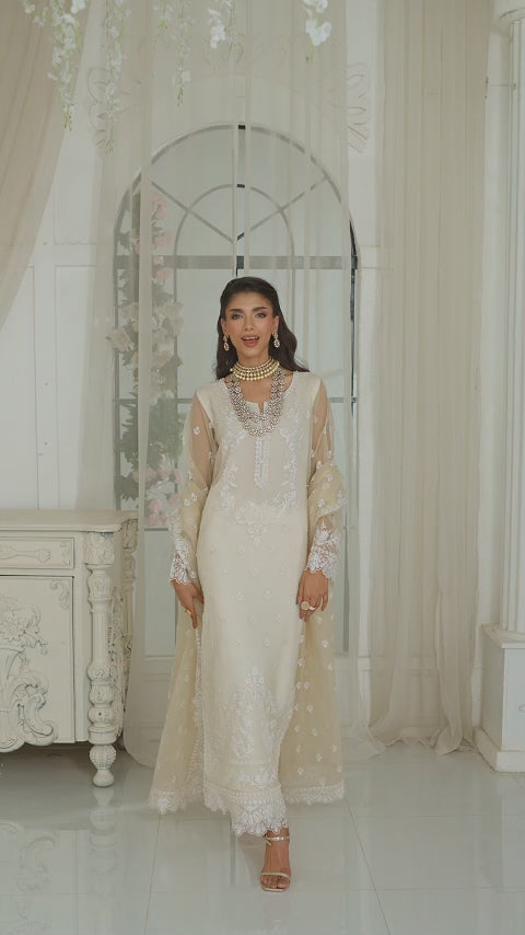 Pastel Beige Embroidered Pure Organza Salwar Kameez (3-Piece) - Image 2