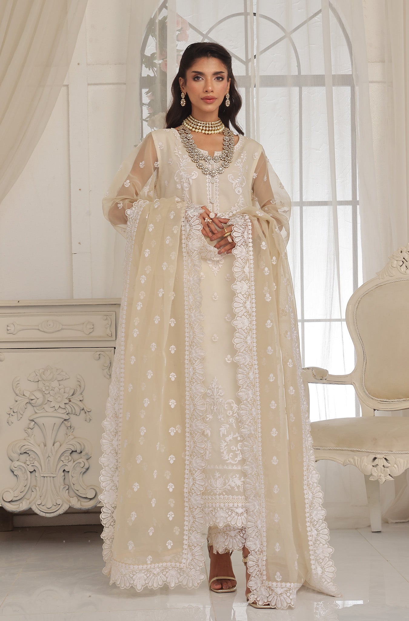 Pastel Beige Embroidered Pure Organza Salwar Kameez (3-Piece) - Image 3