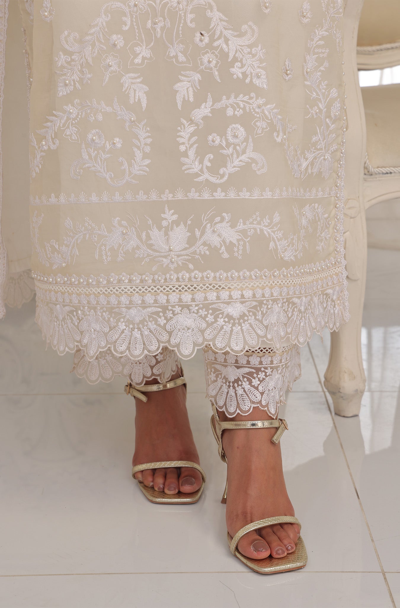 Pastel Beige Embroidered Pure Organza Salwar Kameez (3-Piece) - Image 9