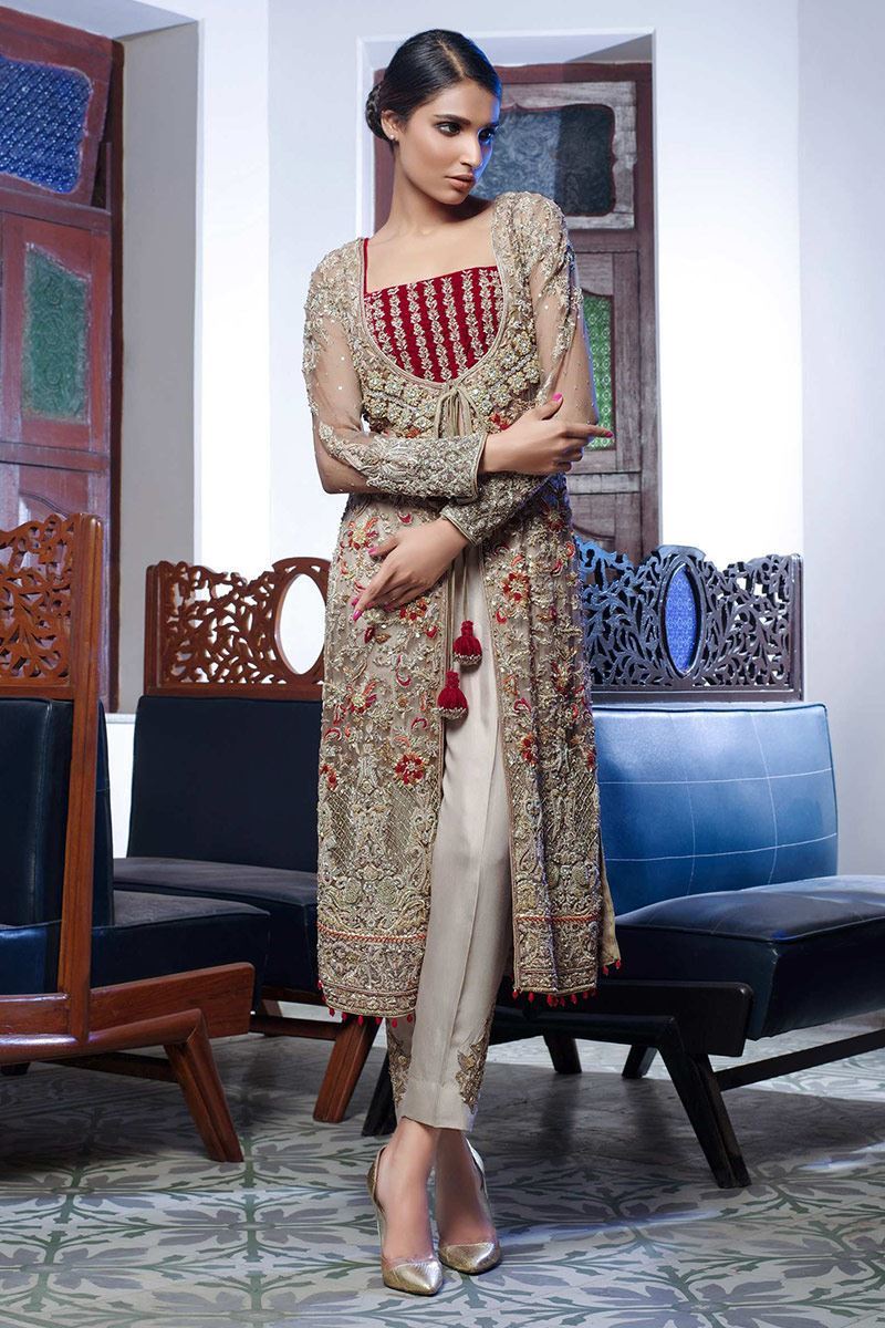 Pakistani Beige Embroidered Organza Open Shirt 3-Piece - Image 1