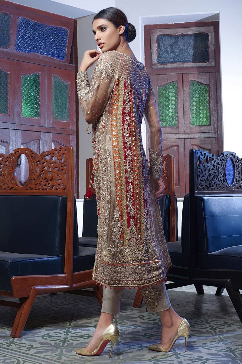 Pakistani Beige Embroidered Organza Open Shirt 3-Piece - Image 2