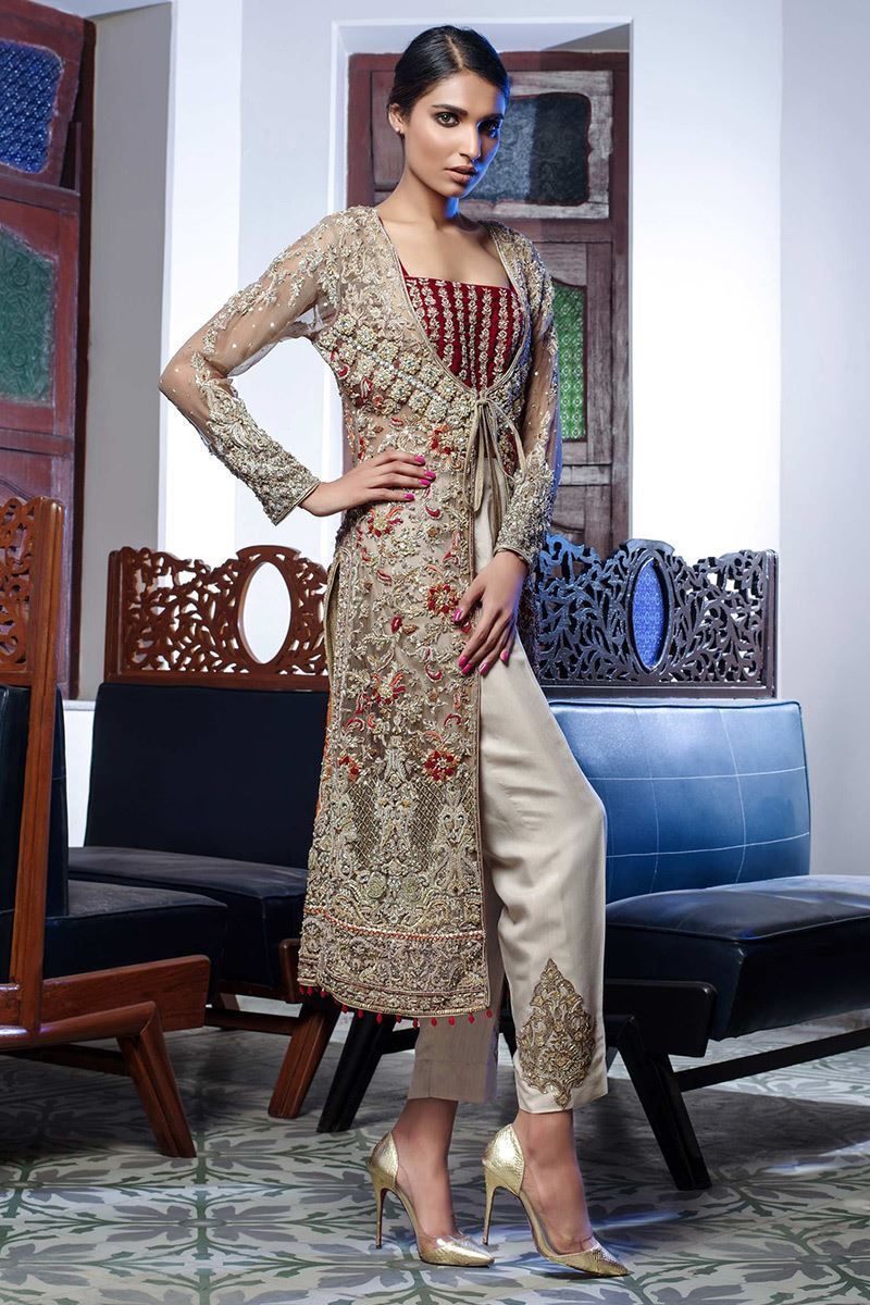 Pakistani Beige Embroidered Organza Open Shirt 3-Piece - Image 3