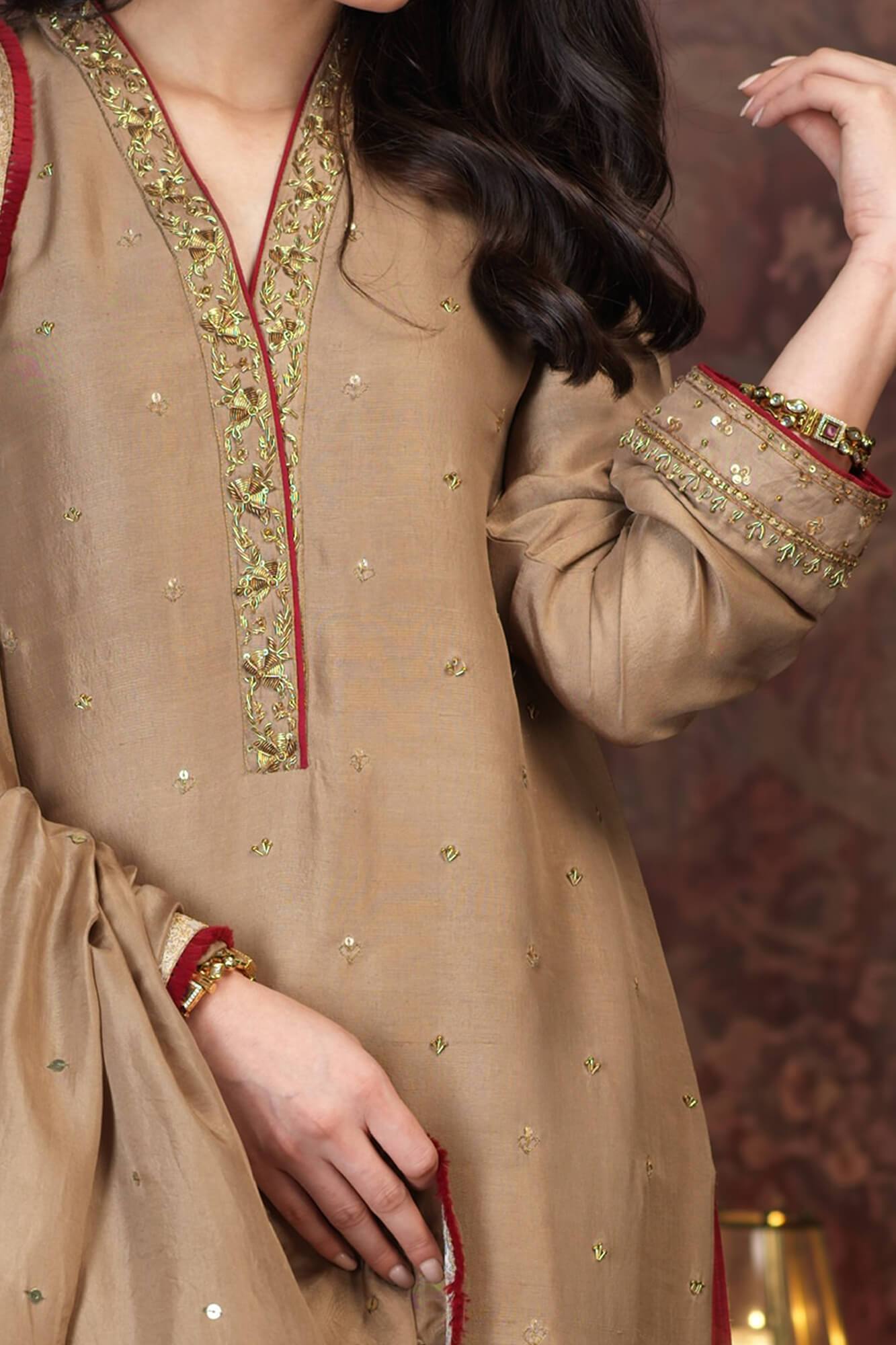 Pakistani Beige & Red Embroidered PK Raw Silk Salwar Kameez (3-Piece) - Image 5